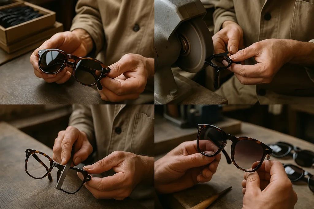 Step-by-step Italian eyewear manufacturing process showing hand-finishing of luxury Italian sunglasses production